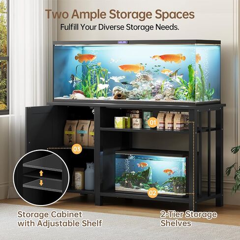 Aquarium Stand with Power Outlets, 55-75 Gallon Heavy Duty Fish Tank Stand with Cabinet Storage & Adjustable Shelf, for Fish Tank, Turtle Tank, Reptile Terrarium, 1000LBS Capacity, Black in Kuwait