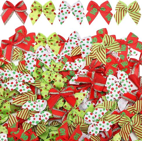 Syhood 150 Pcs Christmas Mini Bow Lime Green and Red Tiny Ribbon Bows Handmade 5 Style Dot and Strip Small Twist Tie Bow Handmade Crafts for DIY Gift Wrapping Sewing Xmas Tree Wreath Party Decor in Saudi Arabia