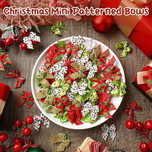 Syhood 150 Pcs Christmas Mini Bow Lime Green and Red Tiny Ribbon Bows Handmade 5 Style Dot and Strip Small Twist Tie Bow Handmade Crafts for DIY Gift Wrapping Sewing Xmas Tree Wreath Party Decor in Saudi Arabia