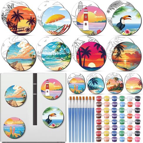 24 Pcs Magnetic Canvas Mini Round Canvas Boards Pre Drawn Canvases with Brushes Acrylic Paints Pre Printed Painting Boards for Students DIY Fridge Locker Art Craft(Hawaii) in Saudi Arabia