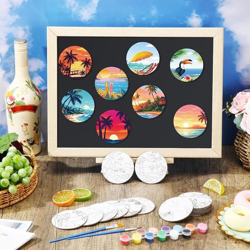 24 Pcs Magnetic Canvas Mini Round Canvas Boards Pre Drawn Canvases with Brushes Acrylic Paints Pre Printed Painting Boards for Students DIY Fridge Locker Art Craft(Hawaii) in Saudi Arabia