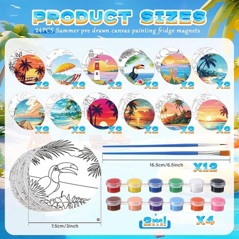 24 Pcs Magnetic Canvas Mini Round Canvas Boards Pre Drawn Canvases with Brushes Acrylic Paints Pre Printed Painting Boards for Students DIY Fridge Locker Art Craft(Hawaii) in Saudi Arabia