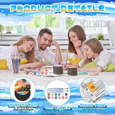 24 Pcs Magnetic Canvas Mini Round Canvas Boards Pre Drawn Canvases with Brushes Acrylic Paints Pre Printed Painting Boards for Students DIY Fridge Locker Art Craft(Hawaii) in Saudi Arabia