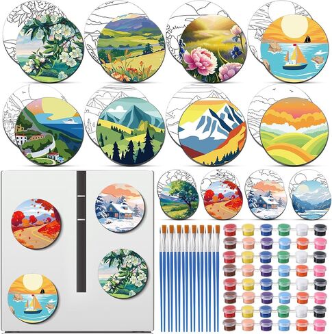 24 PCS Magnetic Canvas Mini Round Canvas Canvases مسبقًا مع فرش مع لوحات الطلاء المطبوعة مسبقًا للطلاب DIY Fridge Locker Craft (Hawaii) in Kuwait