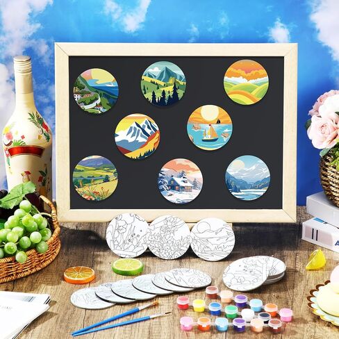 24 PCS Magnetic Canvas Mini Round Canvas Canvases مسبقًا مع فرش مع لوحات الطلاء المطبوعة مسبقًا للطلاب DIY Fridge Locker Craft (Hawaii) in Kuwait