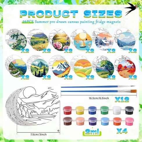 24 PCS Magnetic Canvas Mini Round Canvas Canvases مسبقًا مع فرش مع لوحات الطلاء المطبوعة مسبقًا للطلاب DIY Fridge Locker Craft (Hawaii) in Kuwait