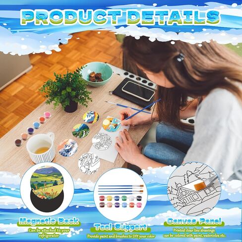 24 PCS Magnetic Canvas Mini Round Canvas Canvases مسبقًا مع فرش مع لوحات الطلاء المطبوعة مسبقًا للطلاب DIY Fridge Locker Craft (Hawaii) in Kuwait