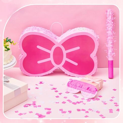 Maitys 4 Pcs Kitty Bow Piñata 16" Watercolor Pink Themed Bow Piñata Party Supplies with a Blindfold, Bat and Confetti for Kitty Themed Cute Cat Bows Birthday Party Kitten Decorations in Saudi Arabia