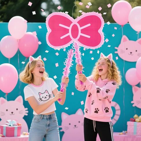Maitys 4 Pcs Kitty Bow Piñata 16" Watercolor Pink Themed Bow Piñata Party Supplies with a Blindfold, Bat and Confetti for Kitty Themed Cute Cat Bows Birthday Party Kitten Decorations in Saudi Arabia