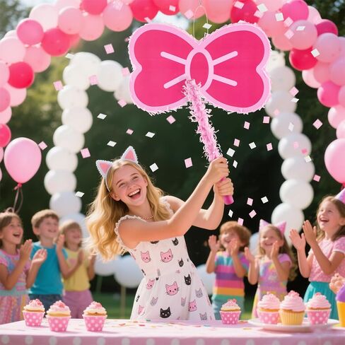 Maitys 4 Pcs Kitty Bow Piñata 16" Watercolor Pink Themed Bow Piñata Party Supplies with a Blindfold, Bat and Confetti for Kitty Themed Cute Cat Bows Birthday Party Kitten Decorations in Saudi Arabia