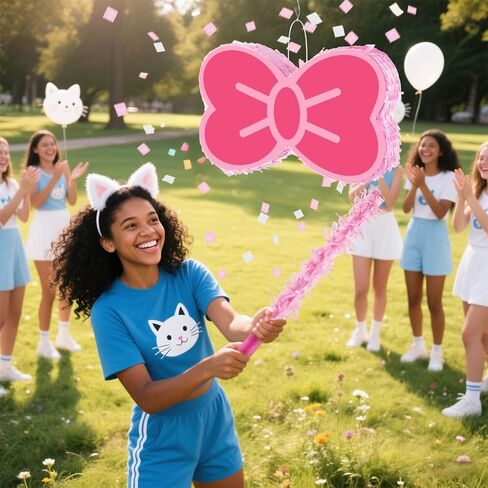 Maitys 4 Pcs Kitty Bow Piñata 16" Watercolor Pink Themed Bow Piñata Party Supplies with a Blindfold, Bat and Confetti for Kitty Themed Cute Cat Bows Birthday Party Kitten Decorations in Saudi Arabia