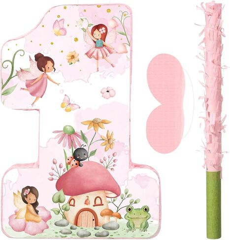 Blosssound Fairy Piñata Fairy 1st Birthdy Decorations اللوازم الزهرة الجنيات الأميرة رقم واحد بيناتا مجموعة مع عصا عصب المعاقب على عون أرض العجائب ديكور الاحتفال استحمام الطفل (عيد ميلاد) in Kuwait