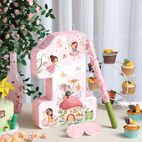 Blosssound Fairy Piñata Fairy 1st Birthdy Decorations اللوازم الزهرة الجنيات الأميرة رقم واحد بيناتا مجموعة مع عصا عصب المعاقب على عون أرض العجائب ديكور الاحتفال استحمام الطفل (عيد ميلاد) in Kuwait