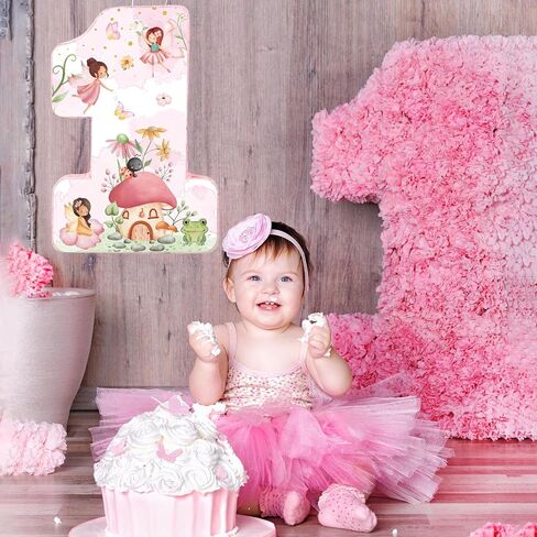 Blosssound Fairy Piñata Fairy 1st Birthdy Decorations اللوازم الزهرة الجنيات الأميرة رقم واحد بيناتا مجموعة مع عصا عصب المعاقب على عون أرض العجائب ديكور الاحتفال استحمام الطفل (عيد ميلاد) in Kuwait