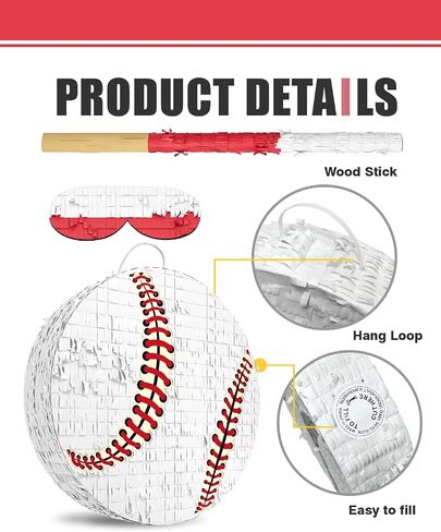 Baseball Piñata for Boys – Includes Wooden Bat, Blindfold, and Confetti – 13"x13"x3" – Perfect for Sports-Themed Party Decorations and Birthday Party Fun in Kuwait