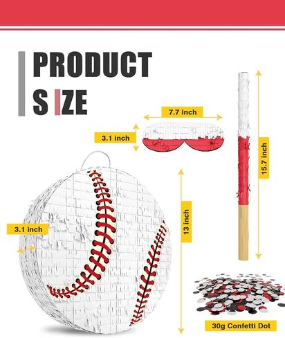 Baseball Piñata for Boys – Includes Wooden Bat, Blindfold, and Confetti – 13"x13"x3" – Perfect for Sports-Themed Party Decorations and Birthday Party Fun in Kuwait