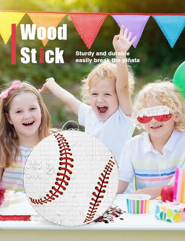 Baseball Piñata for Boys – Includes Wooden Bat, Blindfold, and Confetti – 13"x13"x3" – Perfect for Sports-Themed Party Decorations and Birthday Party Fun in Kuwait