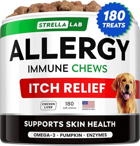 StrellaLab Dog Allergy Relief & Anti Itch Support Chews w/Omega 3: Real Ingredients, Real Taste! Skin & Coat Immune Supplement w/Fish Oil, Pumpkin & Enzymes — Developed by Experts - Made in USA -180Ct in Saudi Arabia