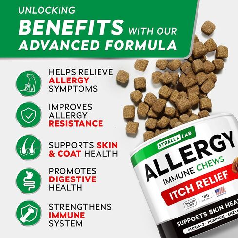 StrellaLab Dog Allergy Relief & Anti Itch Support Chews w/Omega 3: Real Ingredients, Real Taste! Skin & Coat Immune Supplement w/Fish Oil, Pumpkin & Enzymes — Developed by Experts - Made in USA -180Ct in Saudi Arabia