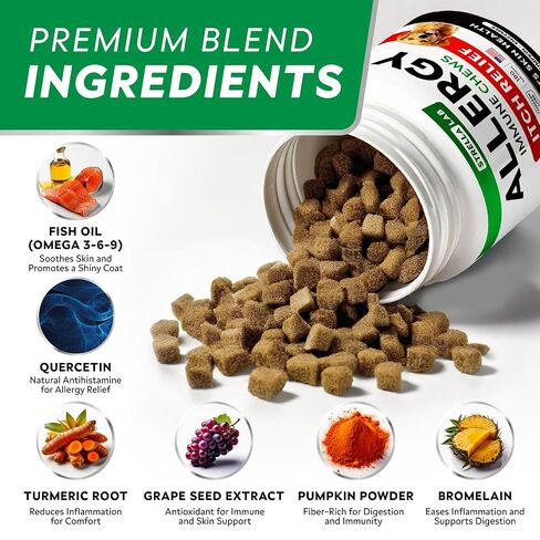 StrellaLab Dog Allergy Relief & Anti Itch Support Chews w/Omega 3: Real Ingredients, Real Taste! Skin & Coat Immune Supplement w/Fish Oil, Pumpkin & Enzymes — Developed by Experts - Made in USA -180Ct in Saudi Arabia