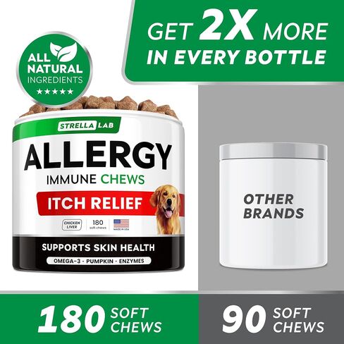 StrellaLab Dog Allergy Relief & Anti Itch Support Chews w/Omega 3: Real Ingredients, Real Taste! Skin & Coat Immune Supplement w/Fish Oil, Pumpkin & Enzymes — Developed by Experts - Made in USA -180Ct in Saudi Arabia