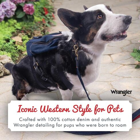 Wrangler Dog Backpack Harness - Dog Harness Backpack with Two Pockets to Hold Pet Accessories - Secure D-Ring for Leash Attachment - 100% Cotton Denim - Machine Washable for Easy Cleaning (S) in Saudi Arabia