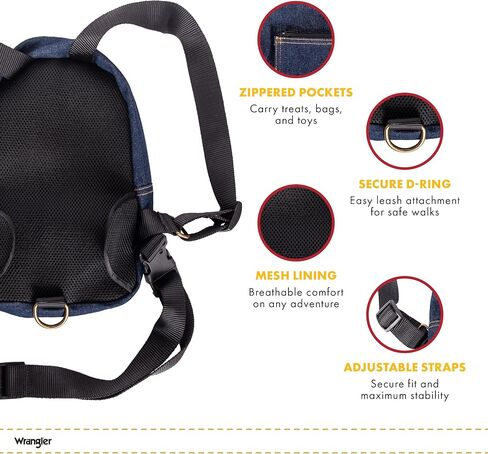 Wrangler Dog Backpack Harness - Dog Harness Backpack with Two Pockets to Hold Pet Accessories - Secure D-Ring for Leash Attachment - 100% Cotton Denim - Machine Washable for Easy Cleaning (S) in Saudi Arabia