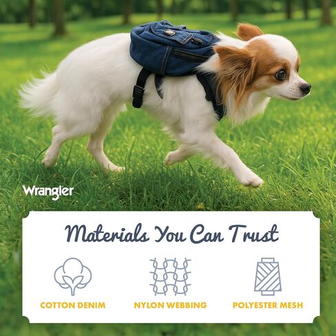 Wrangler Dog Backpack Harness - Dog Harness Backpack with Two Pockets to Hold Pet Accessories - Secure D-Ring for Leash Attachment - 100% Cotton Denim - Machine Washable for Easy Cleaning (S) in Saudi Arabia