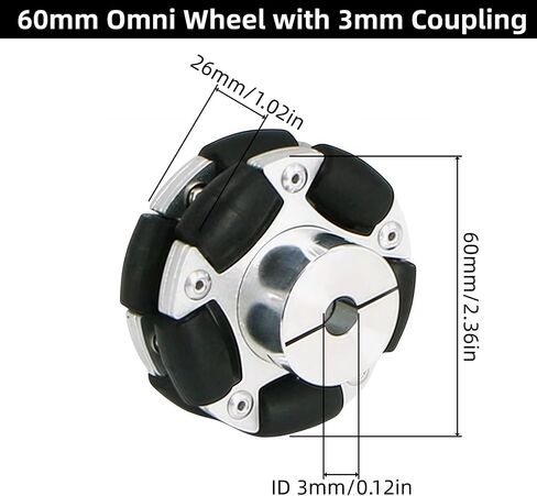 60mm Omni Wheel Aluminum Alloy Rubber Tire Omni-Directional Movement with 3mm Inner Dia Flange Coupling for ROS Smart Car Chassis 4WD Robot 1Pc in Kuwait
