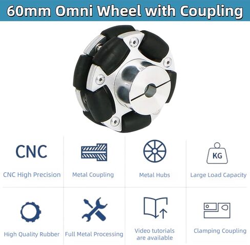 60mm Omni Wheel Aluminum Alloy Rubber Tire Omni-Directional Movement with 3mm Inner Dia Flange Coupling for ROS Smart Car Chassis 4WD Robot 1Pc in Kuwait