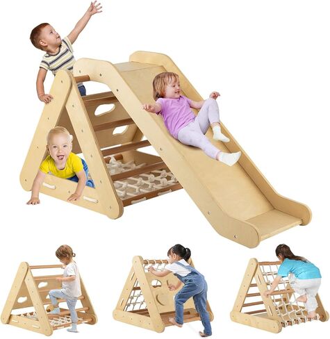 Costzon 4 in 1 Climbing Toy for Toddlers, 3-Sided Montessori Wooden Triangle Climber with Sliding Ramp, Climbing Net & Board, Kids Boys Girls Indoor Home Daycare Gym Playset Birthday in Saudi Arabia