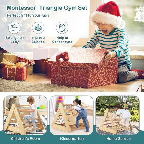 Costzon 4 in 1 Climbing Toy for Toddlers, 3-Sided Montessori Wooden Triangle Climber with Sliding Ramp, Climbing Net & Board, Kids Boys Girls Indoor Home Daycare Gym Playset Birthday in Saudi Arabia