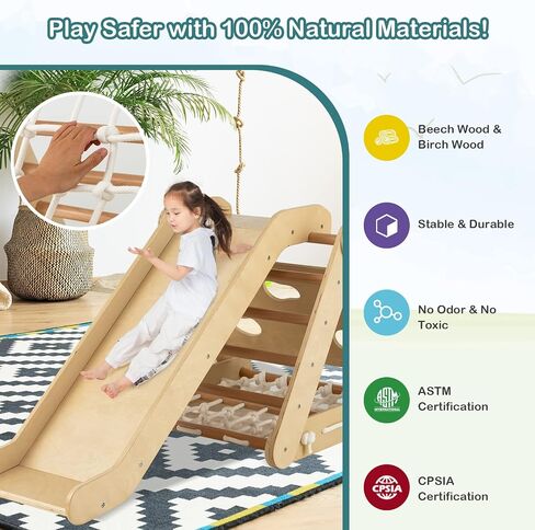 Costzon 4 in 1 Climbing Toy for Toddlers, 3-Sided Montessori Wooden Triangle Climber with Sliding Ramp, Climbing Net & Board, Kids Boys Girls Indoor Home Daycare Gym Playset Birthday in Saudi Arabia