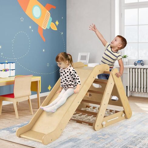 Costzon 4 in 1 Climbing Toy for Toddlers, 3-Sided Montessori Wooden Triangle Climber with Sliding Ramp, Climbing Net & Board, Kids Boys Girls Indoor Home Daycare Gym Playset Birthday in Saudi Arabia