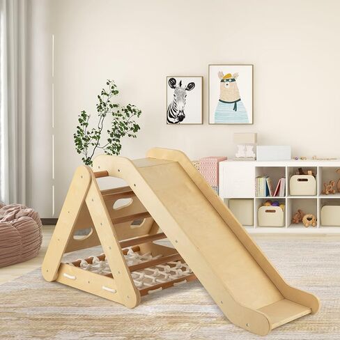 Costzon 4 in 1 Climbing Toy for Toddlers, 3-Sided Montessori Wooden Triangle Climber with Sliding Ramp, Climbing Net & Board, Kids Boys Girls Indoor Home Daycare Gym Playset Birthday in Saudi Arabia