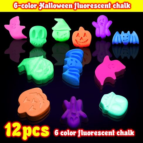 12 PCS 6 Color Halloween Chalk Ghost Glow in the Dark UV Neon Sidewalk Chalk Black Light Party Supplies for Halloween Party Gifts Drawing on Chalkboard Playground in Kuwait