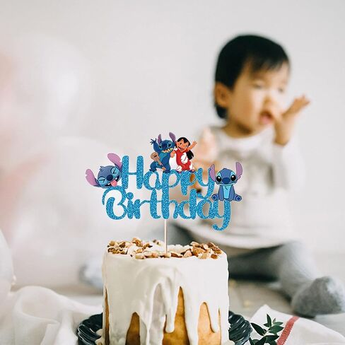 Blue Cake Topper, Glitter Happy Birthday Cake Decorations, Boys Girls Cute Cartoon Theme Party Supplies in Saudi Arabia