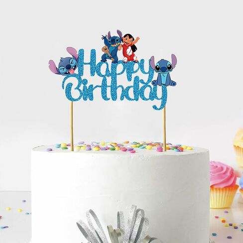 Blue Cake Topper, Glitter Happy Birthday Cake Decorations, Boys Girls Cute Cartoon Theme Party Supplies in Saudi Arabia