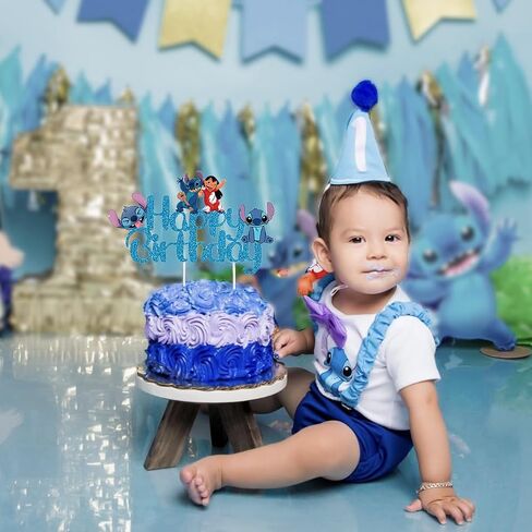 Blue Cake Topper, Glitter Happy Birthday Cake Decorations, Boys Girls Cute Cartoon Theme Party Supplies in Saudi Arabia