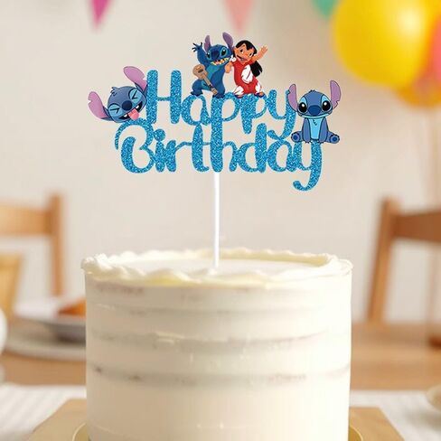 Blue Cake Topper, Glitter Happy Birthday Cake Decorations, Boys Girls Cute Cartoon Theme Party Supplies in Saudi Arabia
