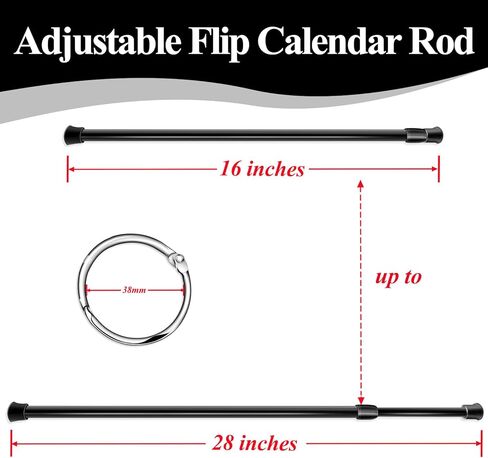 2 Pieces Flip Calendar Rod Adjustable Flip Calendar Holder 16-28 inches for Classroom Whiteboard with 20 Pieces Loose Leaf Rings Binder Rings(Black) in Kuwait