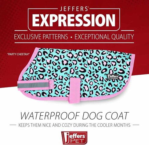 Jeffers Expression Dog Blanket, Party Cheetah, 16"- 600D Water Proof, 240g Insulation for Winter Coat - with Adjustable Belly & Chest Straps - Small Medium to Large Dogs, Pet Apparel for Cold Weather in Saudi Arabia