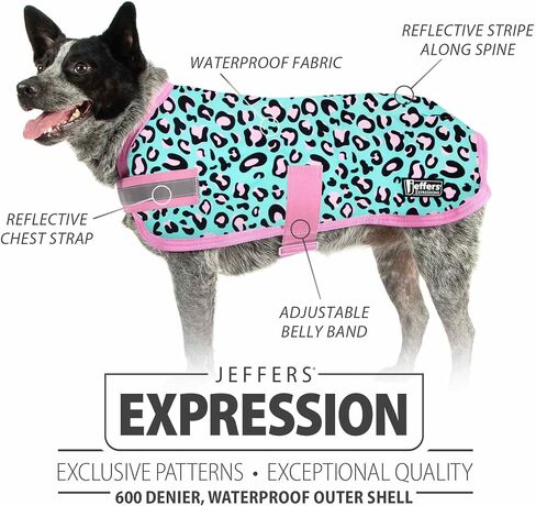 Jeffers Expression Dog Blanket, Party Cheetah, 16"- 600D Water Proof, 240g Insulation for Winter Coat - with Adjustable Belly & Chest Straps - Small Medium to Large Dogs, Pet Apparel for Cold Weather in Saudi Arabia