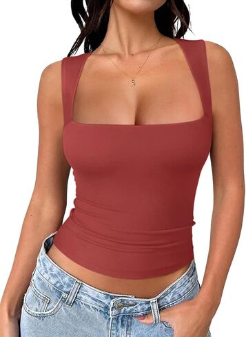 REORIA Women's 2024 Trendy Square Neck Double Lined Casual Basic Tank Crop Tops in Saudi Arabia