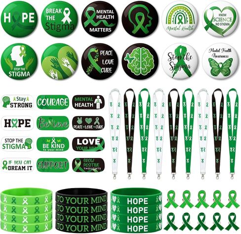 Whaline 84Pcs Mental Health Awareness Gifts Set Includes Green Ribbon Pins Silicone Bracelets Button Badges Tattoo Stickers Lanyards for Fundraising Party Supplies in Saudi Arabia