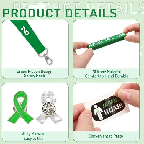 Whaline 84Pcs Mental Health Awareness Gifts Set Includes Green Ribbon Pins Silicone Bracelets Button Badges Tattoo Stickers Lanyards for Fundraising Party Supplies in Saudi Arabia