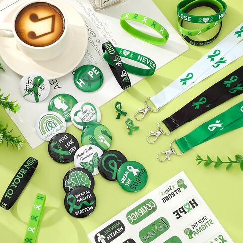 Whaline 84Pcs Mental Health Awareness Gifts Set Includes Green Ribbon Pins Silicone Bracelets Button Badges Tattoo Stickers Lanyards for Fundraising Party Supplies in Saudi Arabia