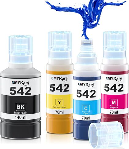 542 زجاجات إعادة ملء الحبر 4 حزمة متوافقة مع Epson Ecotank ET-5850 ET-5150 ET-5800 ET-5180 ET-16600 ET-5170 ET-5880 ET-16650 ST-C8000 ST-C8090 ، T542 Ink Enfling Brinter in Kuwait