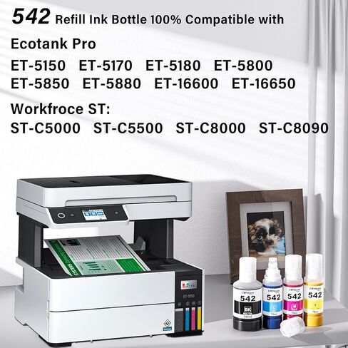 542 زجاجات إعادة ملء الحبر 4 حزمة متوافقة مع Epson Ecotank ET-5850 ET-5150 ET-5800 ET-5180 ET-16600 ET-5170 ET-5880 ET-16650 ST-C8000 ST-C8090 ، T542 Ink Enfling Brinter in Kuwait