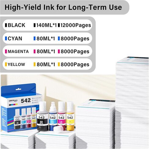 542 زجاجات إعادة ملء الحبر 4 حزمة متوافقة مع Epson Ecotank ET-5850 ET-5150 ET-5800 ET-5180 ET-16600 ET-5170 ET-5880 ET-16650 ST-C8000 ST-C8090 ، T542 Ink Enfling Brinter in Kuwait